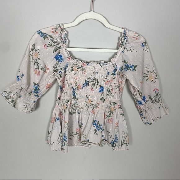 Saylor Clover Smocked Peasant Blouse Top Shirt Womens Medium Pink Floral - Picture 1 of 6